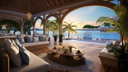 Tropical luxury villa interior, living room with sea view veranda - obrazy, fototapety, plakaty