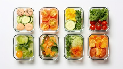 Healthy food in glass lunch boxes on white background close up, top view. - obrazy, fototapety, plakaty