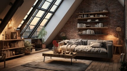 scandinavian style hipster interior, cozy loft room