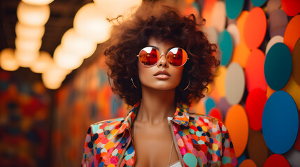 Explosión de Color: Joven con Actitud que Brilla en la Fiesta Vintage multicolor con gafas de sol y fondo retro - obrazy, fototapety, plakaty