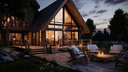 Beautiful chalet cider home exterior during evening with new deisgn outdoor furniture.