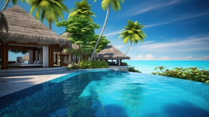Fototapeta premium Blue water swimming pool and bungalows. Magnificent Maldivian Villa. Бассейн и бунгало, Мальдивы