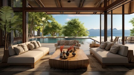 Tropical luxury villa interior, living room with sea view veranda