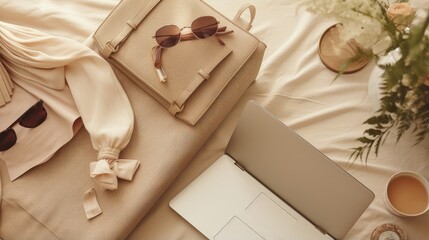 Aesthetic luxury fashion boutique branding composition. Elegant boho women's, lady boss workspace with laptop computer and stationery on neutral beige muslin linen. Flat lay, top view