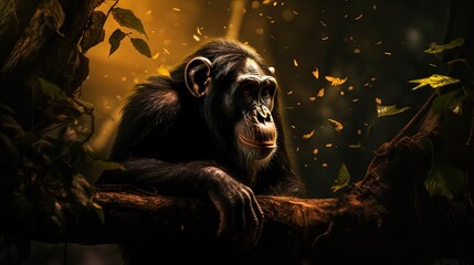 Chimpanzee, Pan troglodytes, feeding leaves on the tree trunk in the dark forest. Black monkey in the nature habitat, Uganda in Africa. Chimpanzee in the habitat, wildlife nature. Monkey primate food. - obrazy, fototapety, plakaty