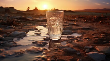 Water is being poured into a drinking glass placed on parched ground. It illustrating the preciousness of drinking water in Europe.