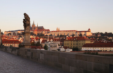View of Charles Bridge Statue in the morning in Prague