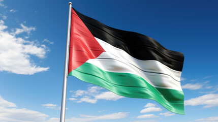 Palestine flag on blue sky.