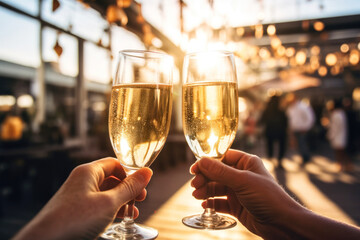 Male and female holds in hands glasses of champagne toast. Celebrating new opportunities and business success. Corporate pary. - obrazy, fototapety, plakaty