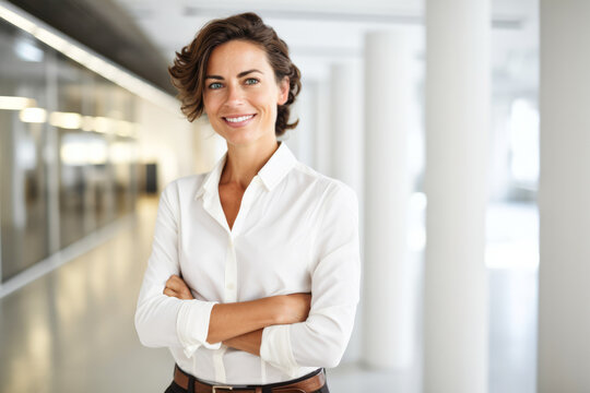 Confident smiling business woman early middle age elegant standing with arms crossed in the office hall. Corporate portrait.