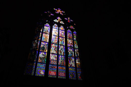 Colorful window of St. Vitus Cathedral in Prague