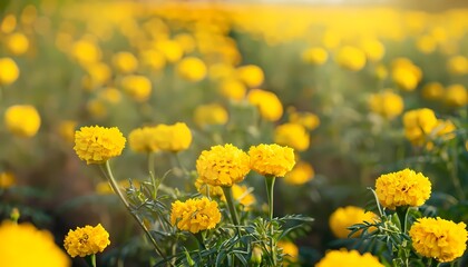 Fototapeta premium Marigold flower in field with blur background