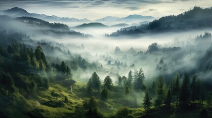 forest valley wood fog landscape illustration nature misty, mist environment, mountain mystic...