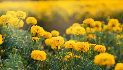 Obraz premium Marigold flower in field with blur background