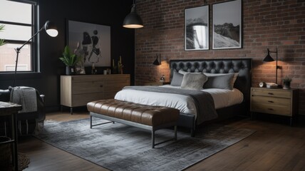 Bedroom decor, home interior design . Industrial Mid-Century Modern style with Exposed Brick Wall decorated with Metal and Leather material . Generative AI AIG26.