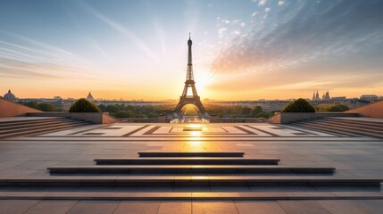 Eiffel Tower and Trocadero square during sunrise Paris - obrazy, fototapety, plakaty