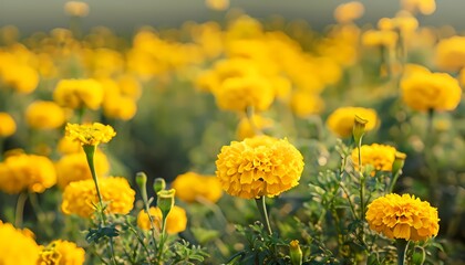 Fototapeta premium Marigold flower in field with blur background