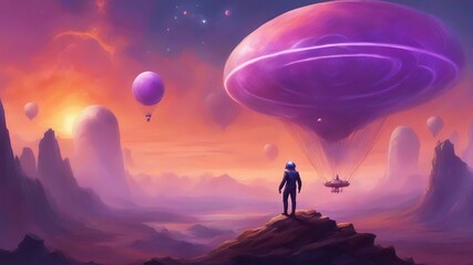 person in the mountains A space explorer wearing a helmet and a suit lands on a strange planet with a large aerostat.  