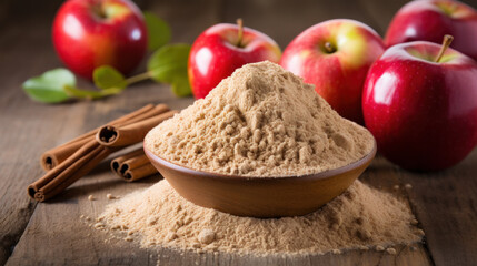 Apple pectin fiber powder in wooden bowl and fresh red apple