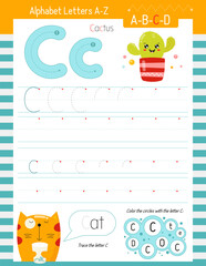 Letter Tracing Worksheet for Activity Book for kids. For Letter C upper and lower case. Preschool tracing and writing practice for toddler and teacher. Vector printable page 