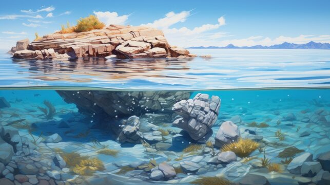 A painting of a rocky island in the ocean