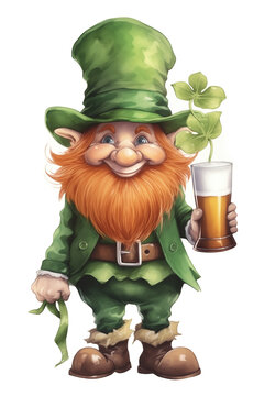  Watercolor Irish gnome, in full body, symbolizing St. Patrick's Day, with Pint glass of beer in hand