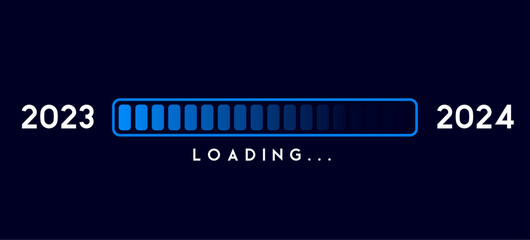 2024 loading bar progress with digital technology dark blue background. Happy new year 2024 loading loading bar of start goal, planning and strategy. 2023 to 2024 loading business web banner vector - obrazy, fototapety, plakaty