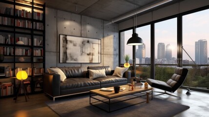 Bedroom decor, home interior design . Modern Industrial style with Floor-to-Ceiling Windows decorated with Concrete and Metal material . Generative AI AIG26.