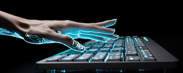 Symbol of a human hand and a computer keyboard backlit by light light. generative ai