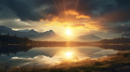 A beautiful golden sun setting over the distant mountains sending shining rays of yellow light over a quiet little country lake