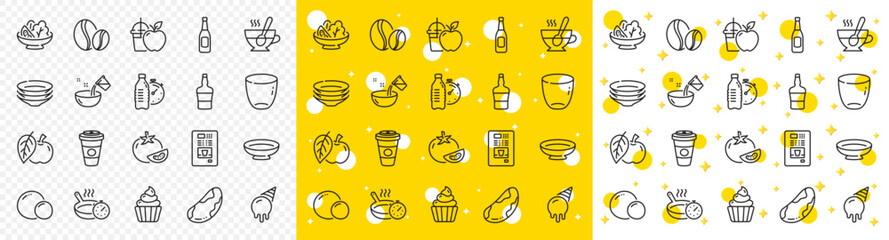 Outline Takeaway coffee, Beer and Scotch bottle line icons pack for web with Coffee beans, Glass, Ice cream line icon. Cooking water, Fitness water, Tea cup pictogram icon. Brazil nut. Vector
