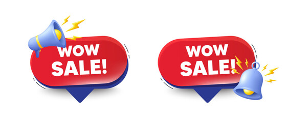 Wow Sale tag. Speech bubbles with 3d bell, megaphone. Special offer price sign. Advertising Discounts symbol. Wow sale chat speech message. Red offer talk box. Vector