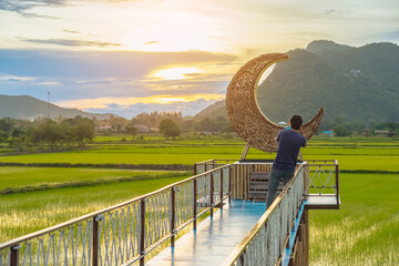 Man using camera to take photo with crescent moon chair made of rattan in paddy field with beautiful scenic in evening. Decorative wooden moon furniture as sitting chair for viewpoint in rice field.