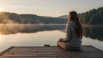 Young woman meditating on a wooden pier on the edge of a lake to improve her anxiety - obrazy, fototapety, plakaty