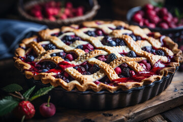 delicious pie with wild delicious pie with wild berries in a baking dish on a wooden tablein a baking dish on a wooden table