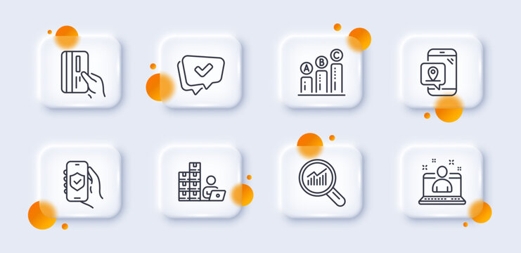 Approved, Graph chart and Payment card line icons pack. 3d glass buttons with blurred circles. Inventory, Data analysis, Pin marker web icon. Security app, Best manager pictogram. Vector