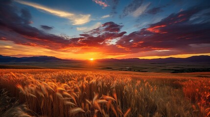 A beautiful vibrant sunset on a cloudy summer evening, overlooking a golden wheat field surrounded by mountains in Idaho country