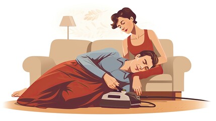 Husband_vacuuming_under_wife sleeping on sofa