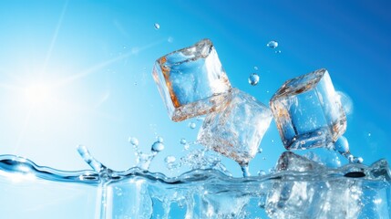 Obraz premium Ice cubes and splash water in glass on blue sky