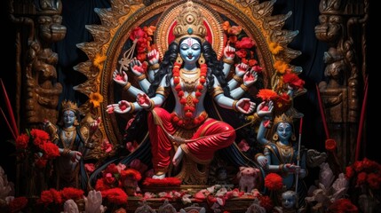 Idol of Goddess Maa Kali at a decorated puja pandal - obrazy, fototapety, plakaty
