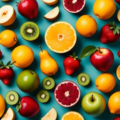 Seamless pattern of different fruits on a blue background