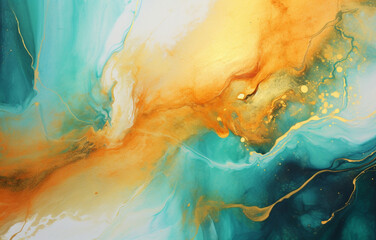 Paint Swirls in Beautiful Teal and Orange colors, with Gold Powder Background