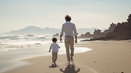 back view of a dad and his son on the beach