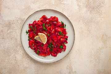 Salmon gravlax with beetroot, Scandinavian snack, beet gravlax, lightly salted fish, homemade, no...