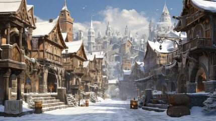 Medieval fantasy town in winter time.