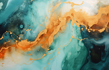 Fototapeta premium Paint Swirls in Beautiful Teal and Orange colors, with Gold Powder Background