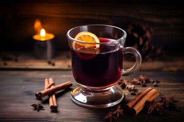 Fototapeta na wymiar Mulled wine with the flavors of cinnamon, anise, and orange resting on a wooden table