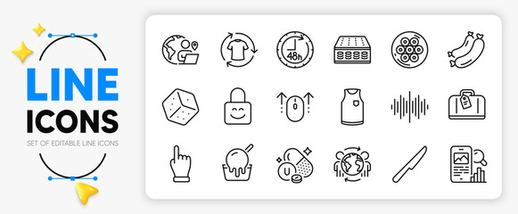 Table knife, Global business and Change clothes line icons set for app include Ice cream, Swipe up, Outsource work outline thin icon. Mattress, Cable section, Sound wave pictogram icon. Vector