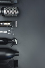 Mens hairdressing desktop with tools for shaving top view. Male haircut, fashion. Hairdresser salon equipment concept, premium hairdressing shears. Accessories for haircut