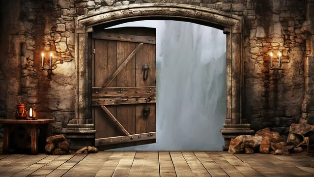 Old house with large vintage wooden door that opens onto a huge waterfall